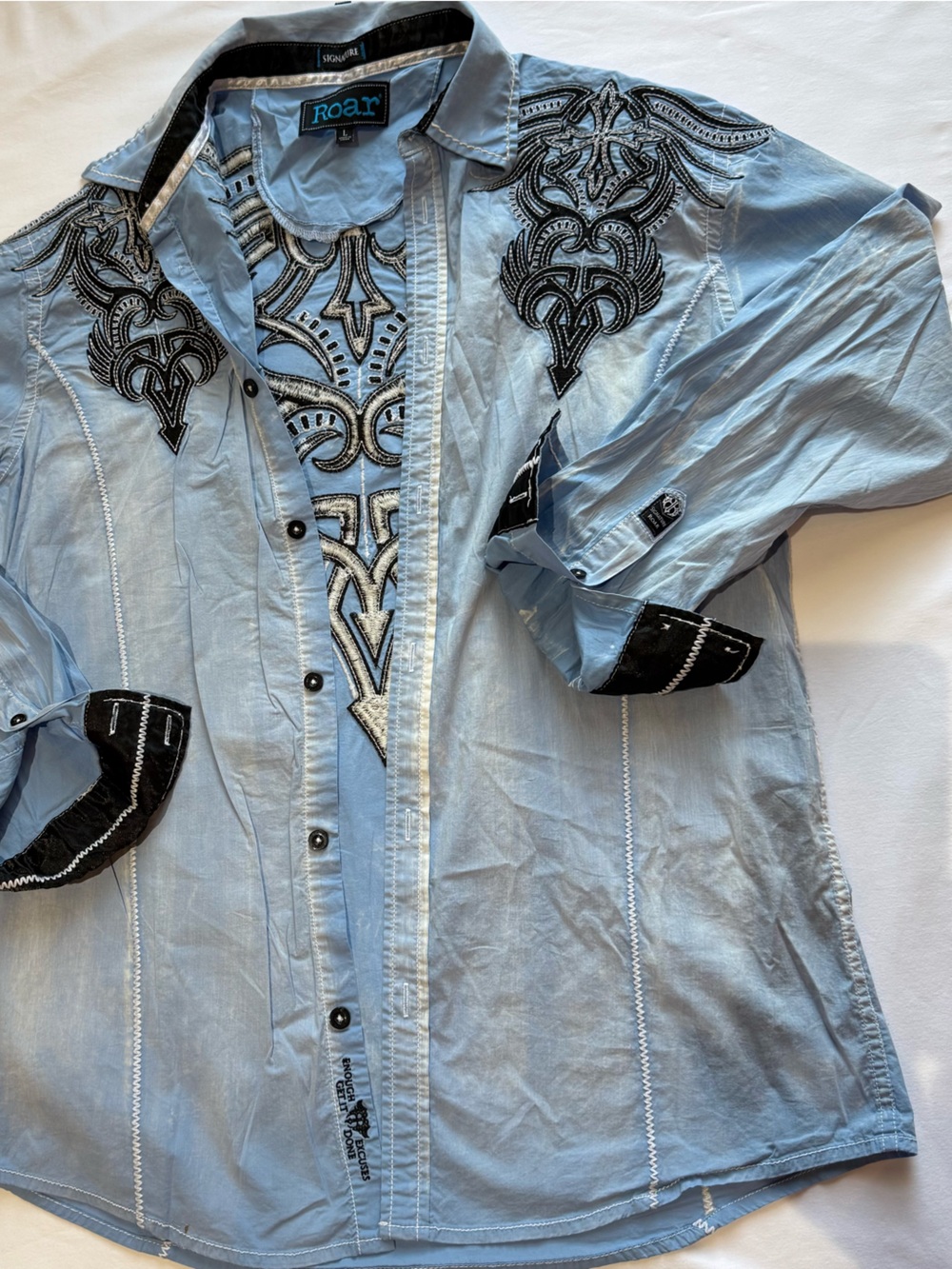 Roar Light Blue Western Embroidered Button-Up Shirt